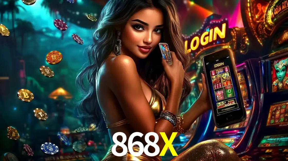 Mulher em um cenário de cassino temático de aventura, mostrando o app de caça-níqueis da 868X no celular. Fichas de apostas flutuam ao redor.