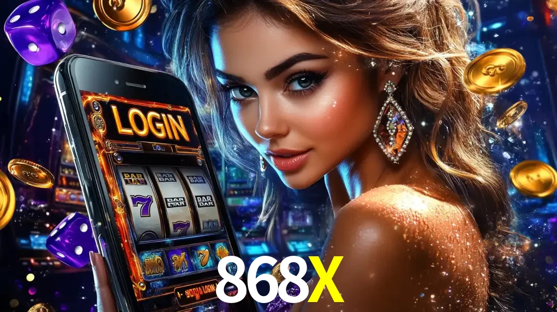 Mulher glamorosa segurando um smartphone com a tela de login para os jogos de caça-níqueis do cassino online 868X, com moedas de ouro e dados ao redor.