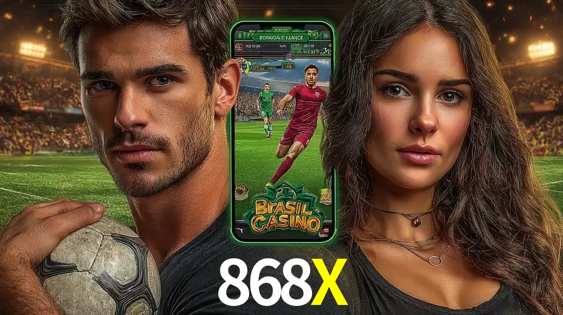 Homem segurando uma bola de futebol e uma mulher ao lado de um smartphone exibindo o jogo de apostas esportivas da 868X. Faça seu palpite no cassino online.